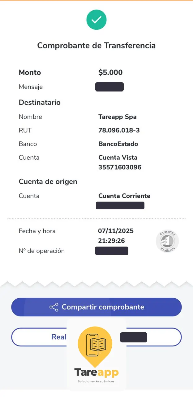 Comprobante de pago de $5.000 a Tareapp, noviembre 2025