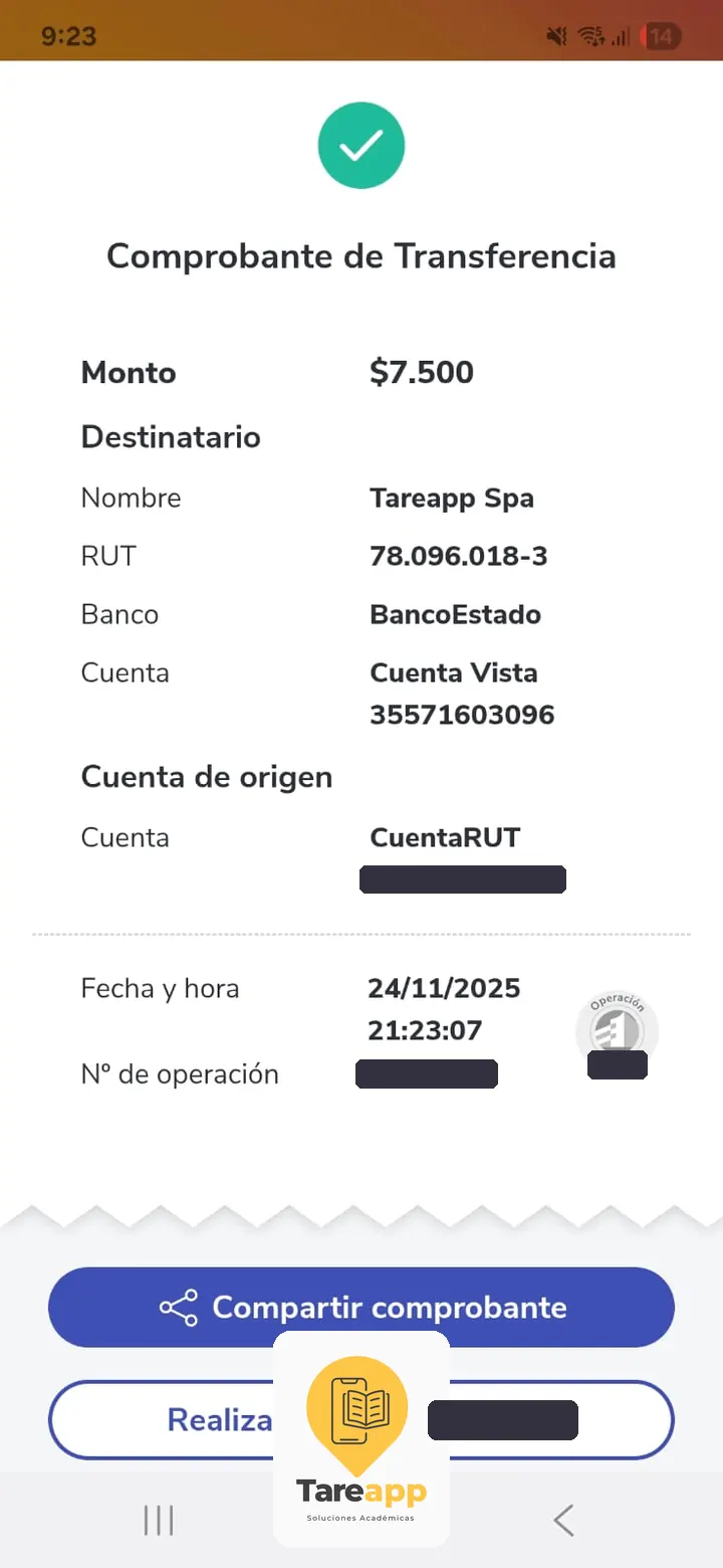 Comprobante de pago de $7.500 a Tareapp, noviembre 2025