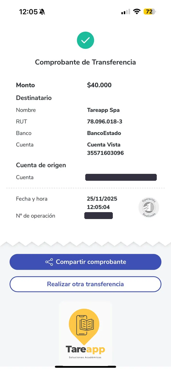 Comprobante de pago de $40.000 a Tareapp, noviembre 2025