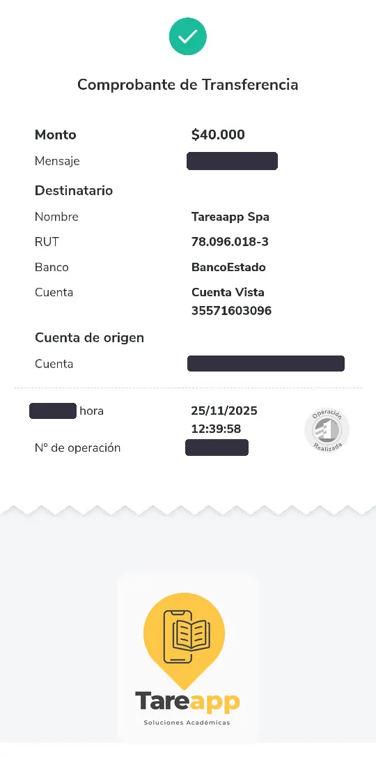 Comprobante de pago de $40.000 a Tareapp, noviembre 2025