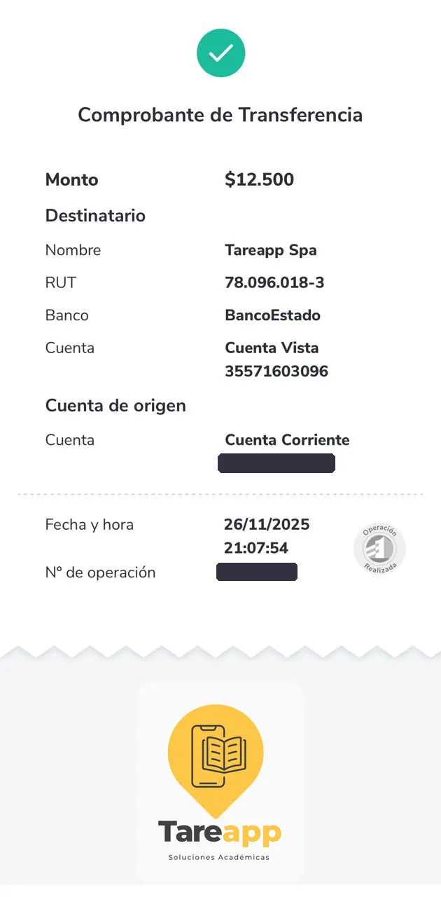 Comprobante de pago de $12.500 a Tareapp, noviembre 2025
