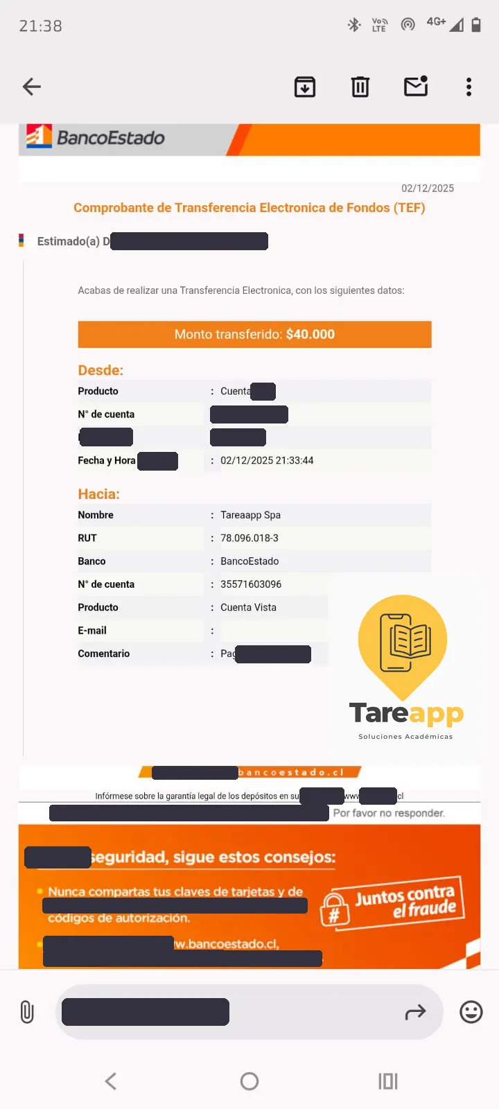 Comprobante de pago de $40.000 a Tareapp, diciembre 2025