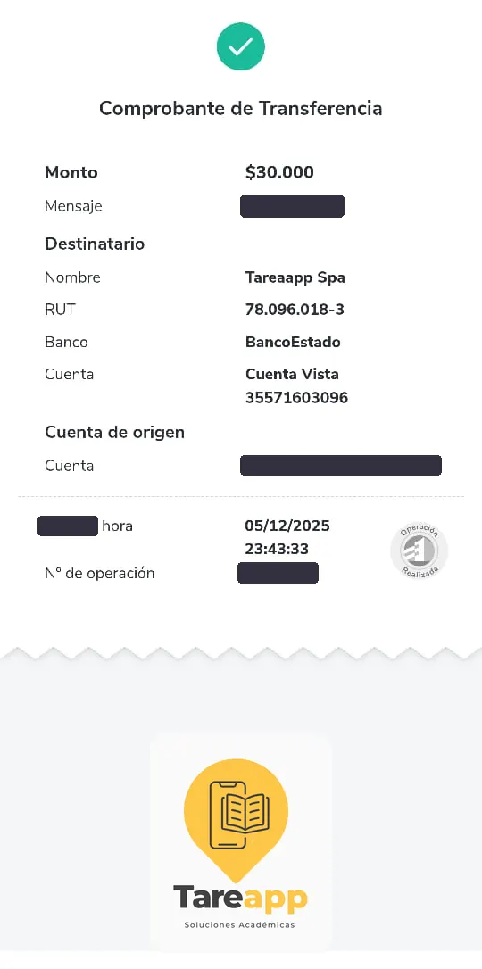 Comprobante de pago de $30.000 a Tareapp, diciembre 2025