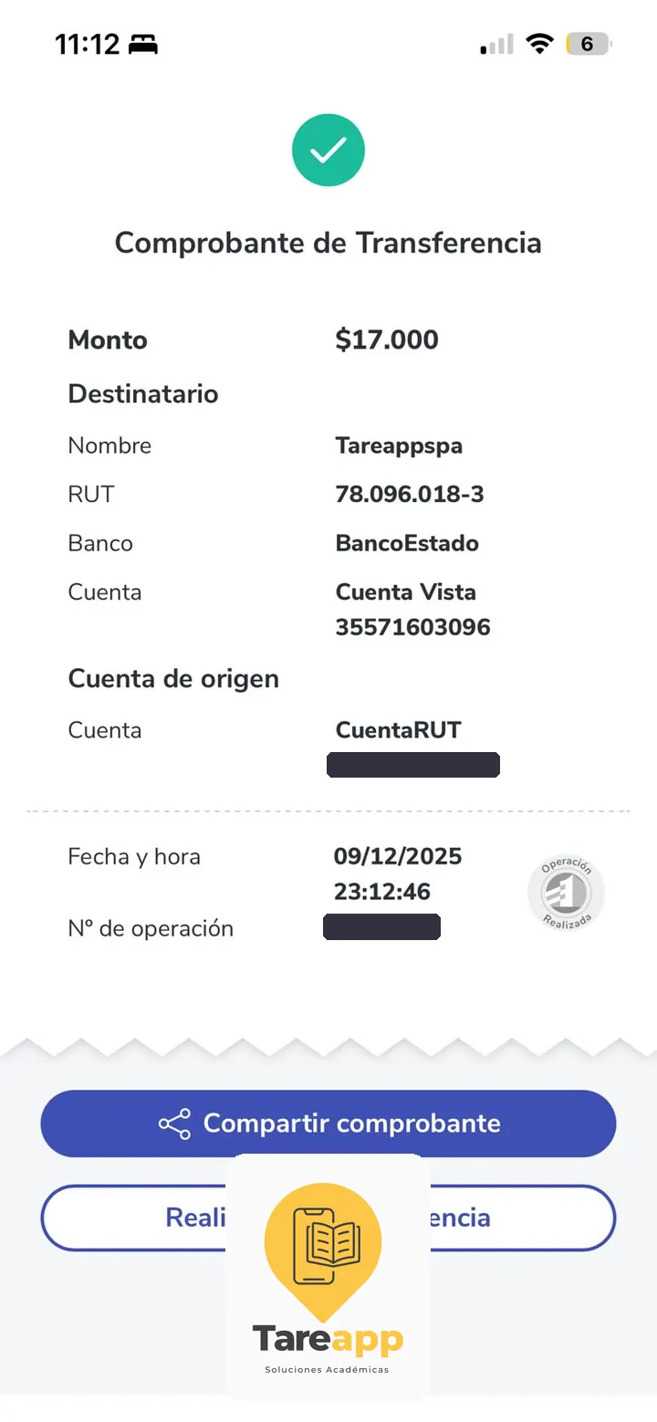 Comprobante de pago de $17.000 a Tareapp, diciembre 2025