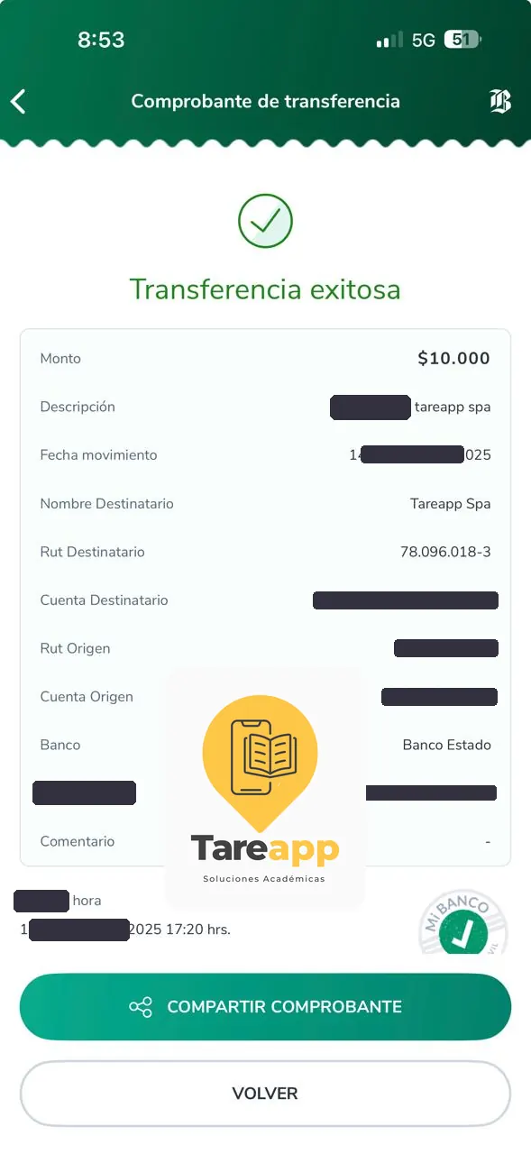 Comprobante de pago de $10.000 a Tareapp, diciembre 2025