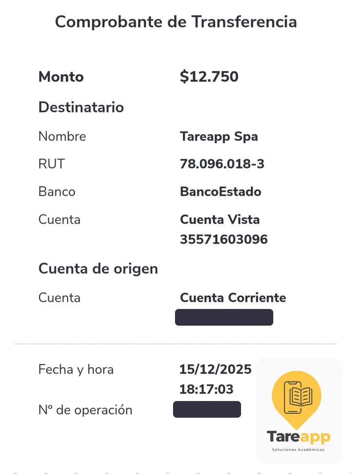 Comprobante de pago de $12.750 a Tareapp, diciembre 2025