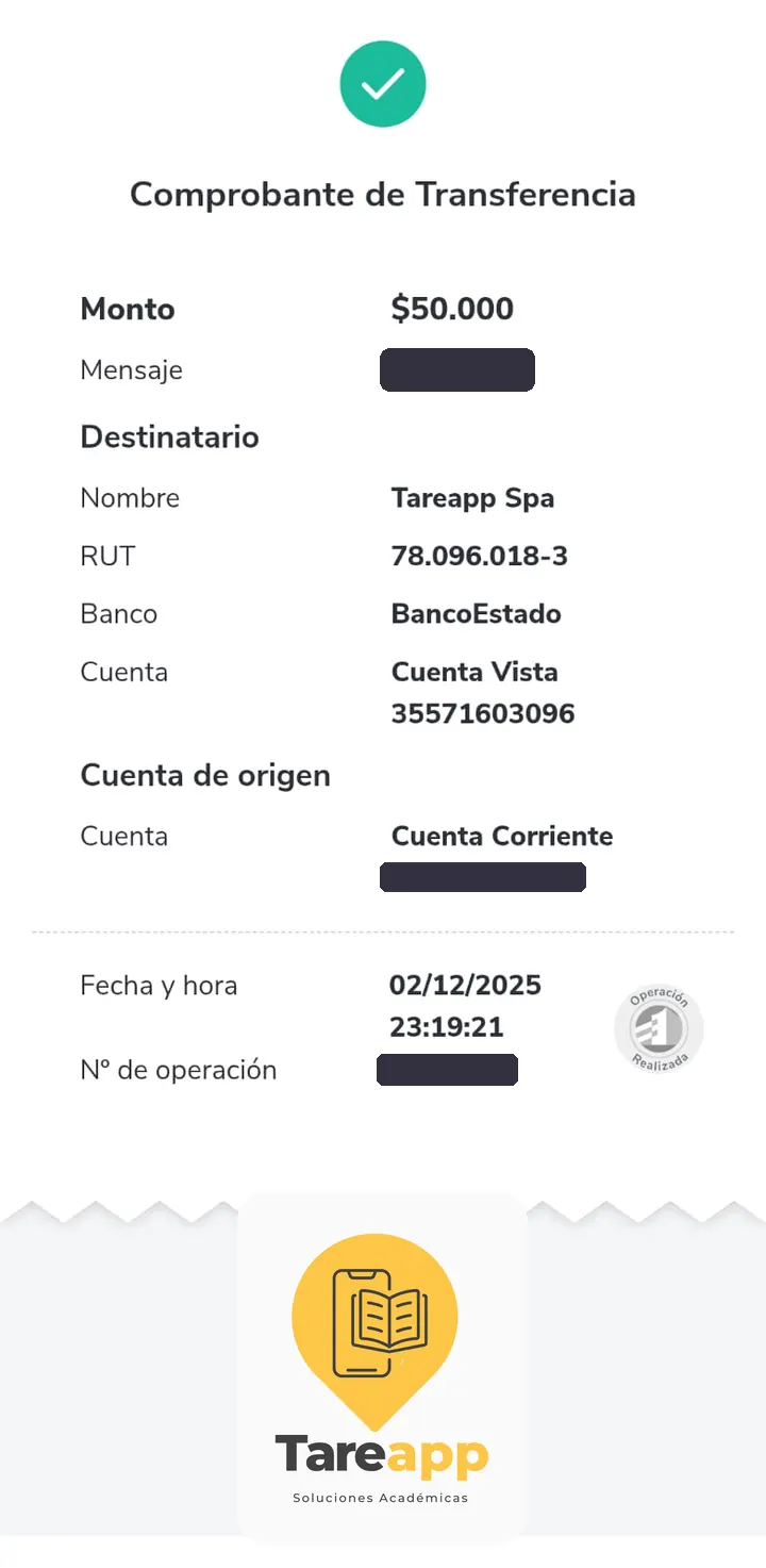Comprobante de pago de $50.000 a Tareapp, diciembre 2025