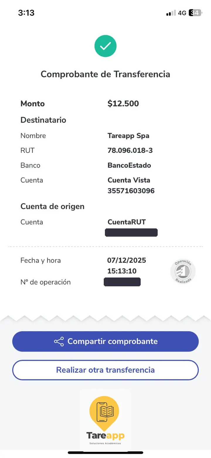 Comprobante de pago de $12.500 a Tareapp, diciembre 2025