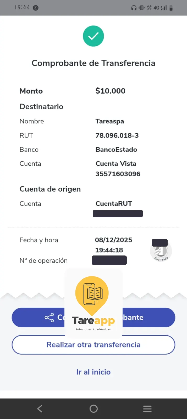 Comprobante de pago de $10.000 a Tareapp, diciembre 2025