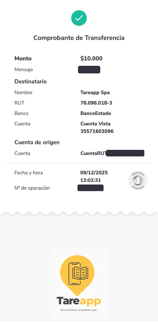 Comprobante de pago de $10.000 a Tareapp, diciembre 2025