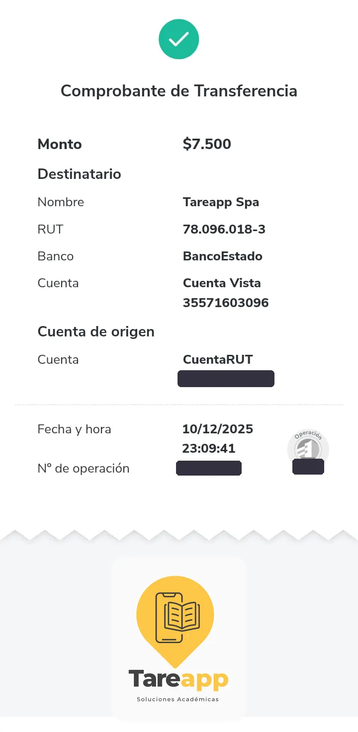 Comprobante de pago de $7.500 a Tareapp, diciembre 2025