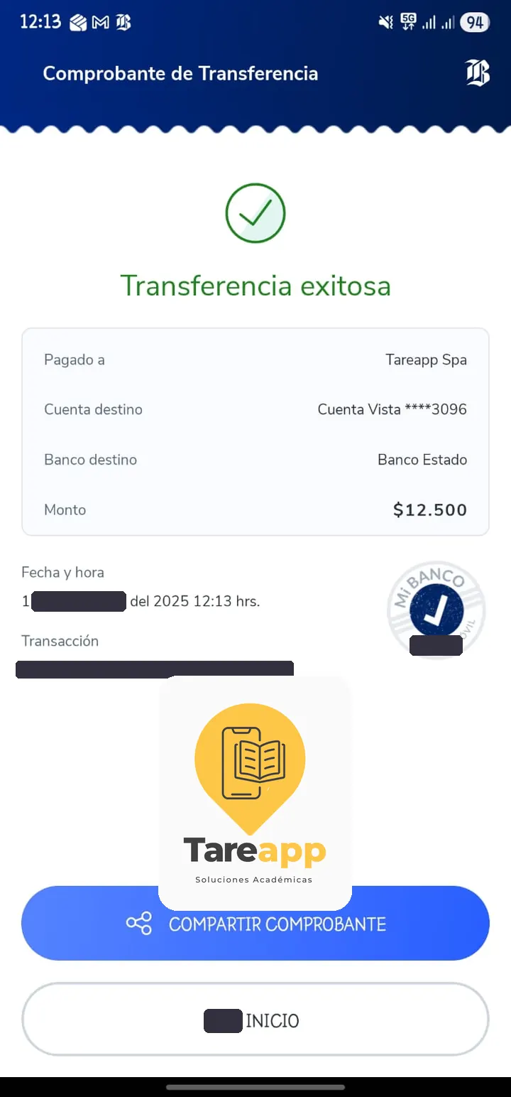 Comprobante de pago de $12.500 a Tareapp, diciembre 2025