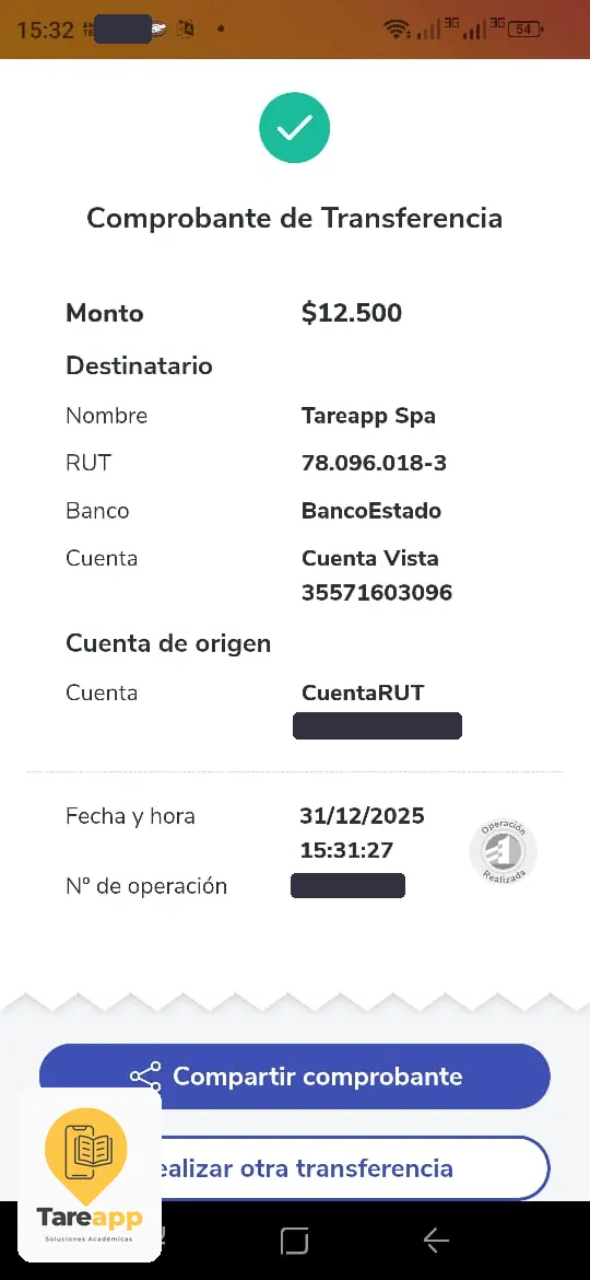 Comprobante de pago de $12.500 a Tareapp, diciembre 2025