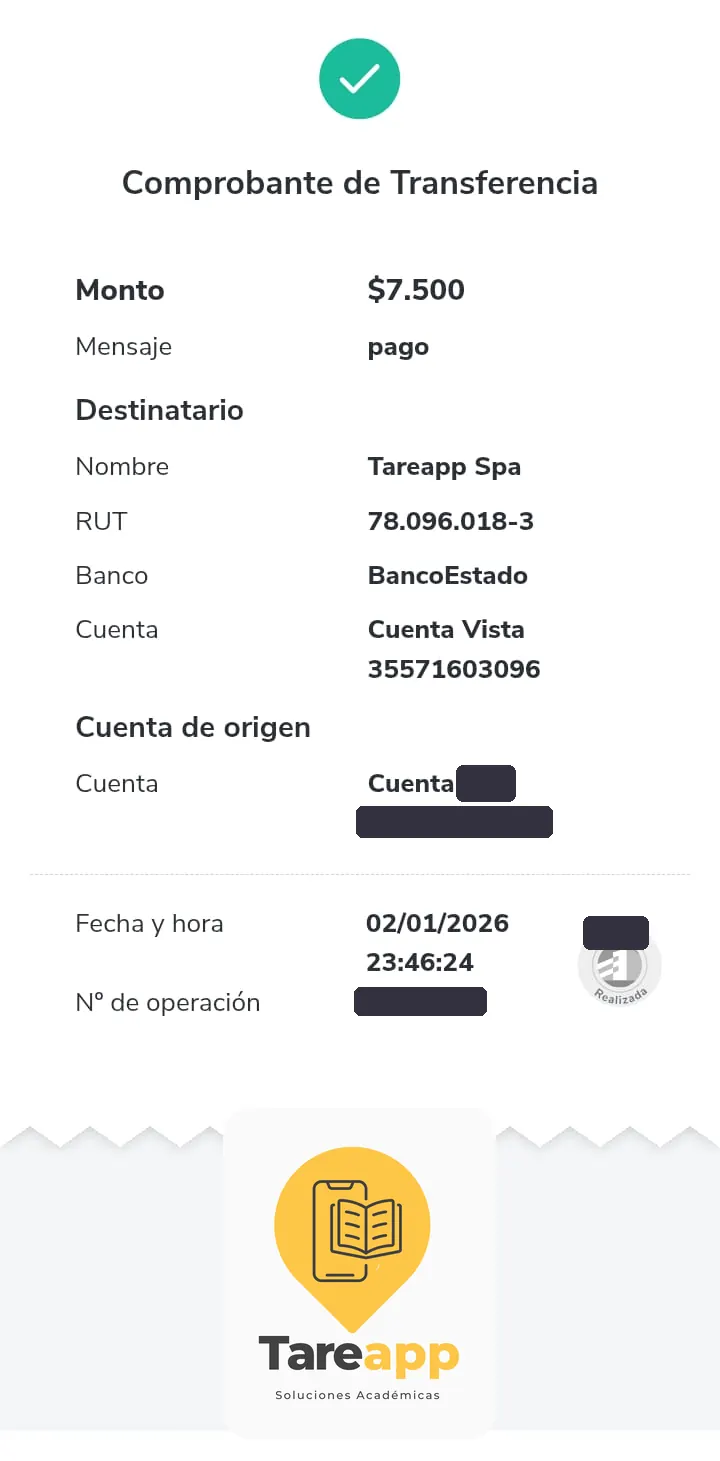 Comprobante de pago de $7.500 a Tareapp, enero 2026
