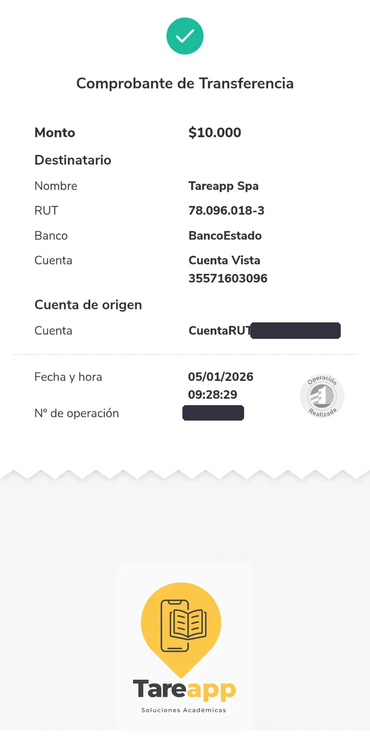 Comprobante de pago de $10.000 a Tareapp, enero 2026