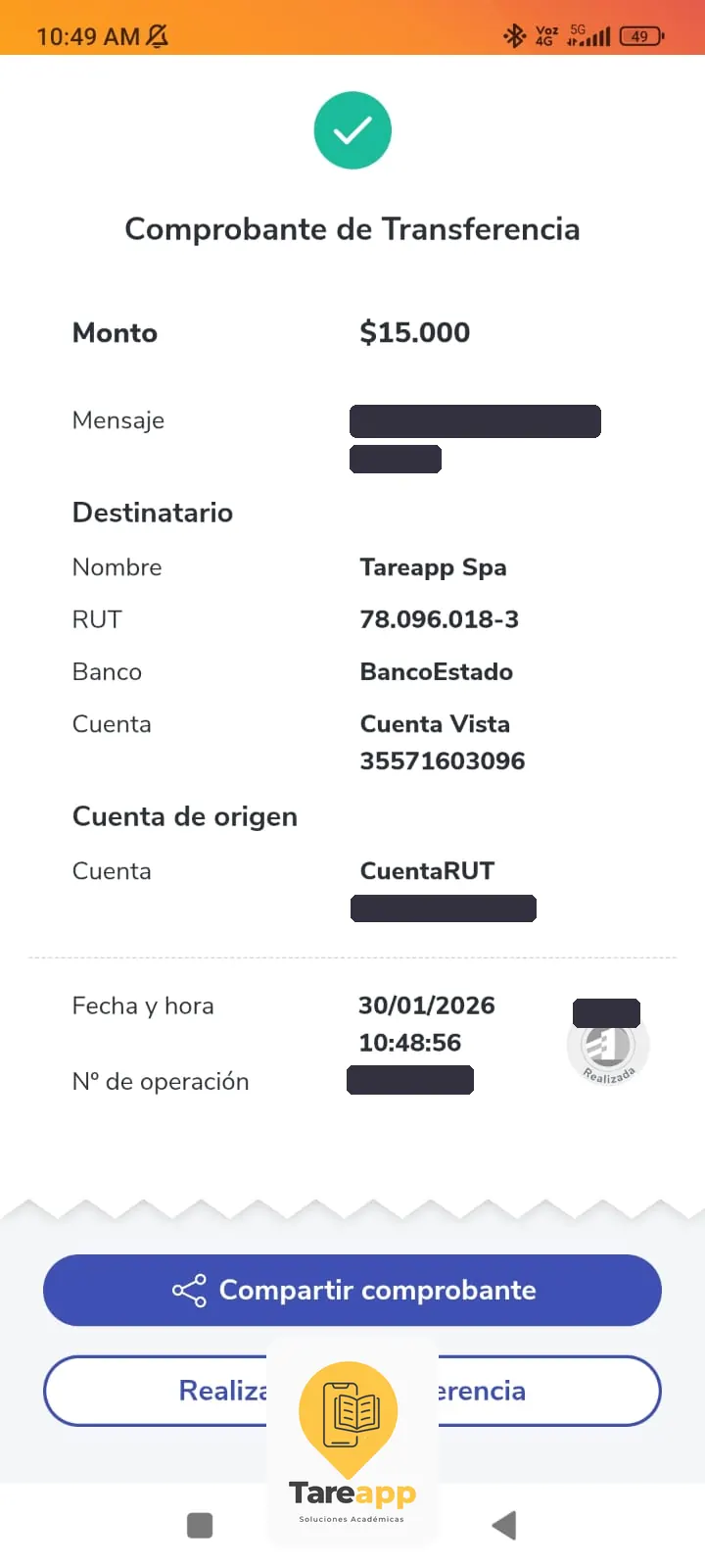 Comprobante de pago de $15.000 a Tareapp, enero 2026