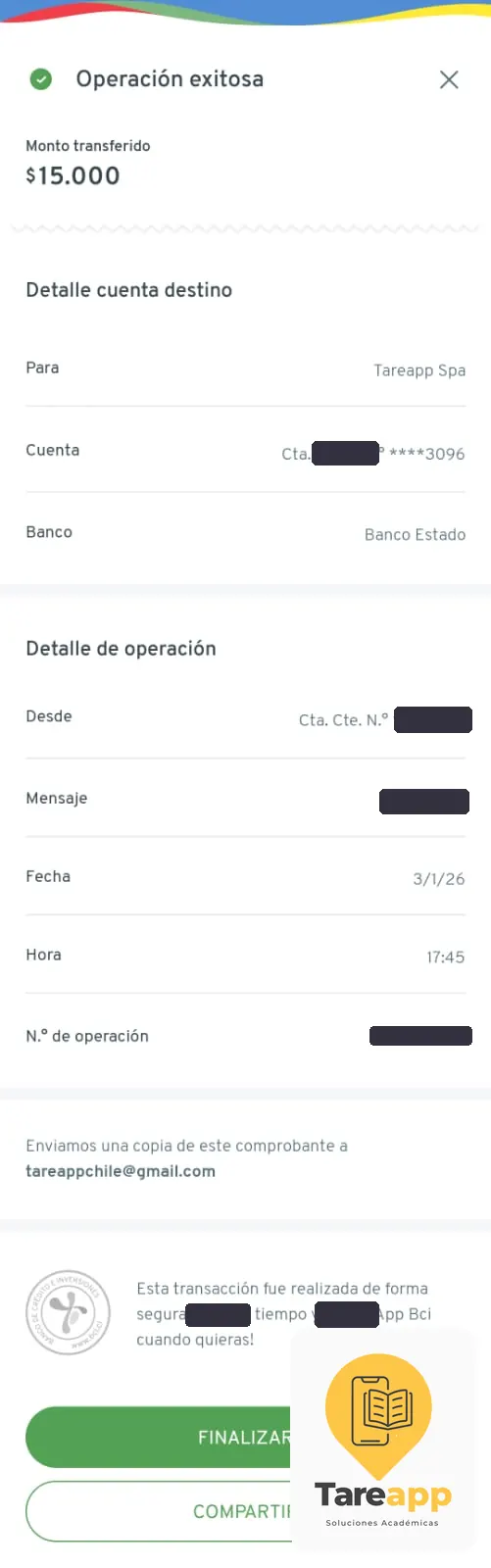 Comprobante de pago de $15.000 a Tareapp, enero 2026