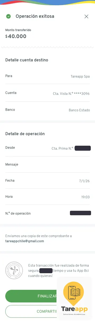 Comprobante de pago de $40.000 a Tareapp, enero 2026