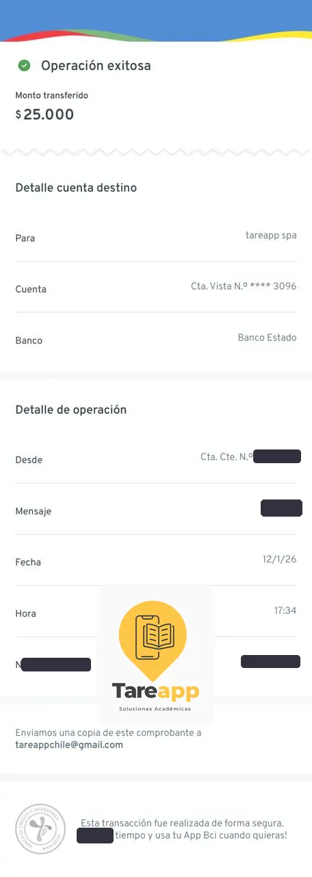 Comprobante de pago de $25.000 a Tareapp, enero 2026