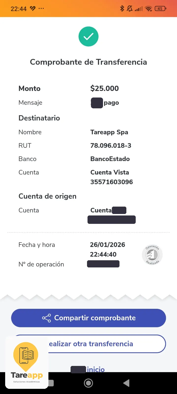 Comprobante de pago de $25.000 a Tareapp, enero 2026