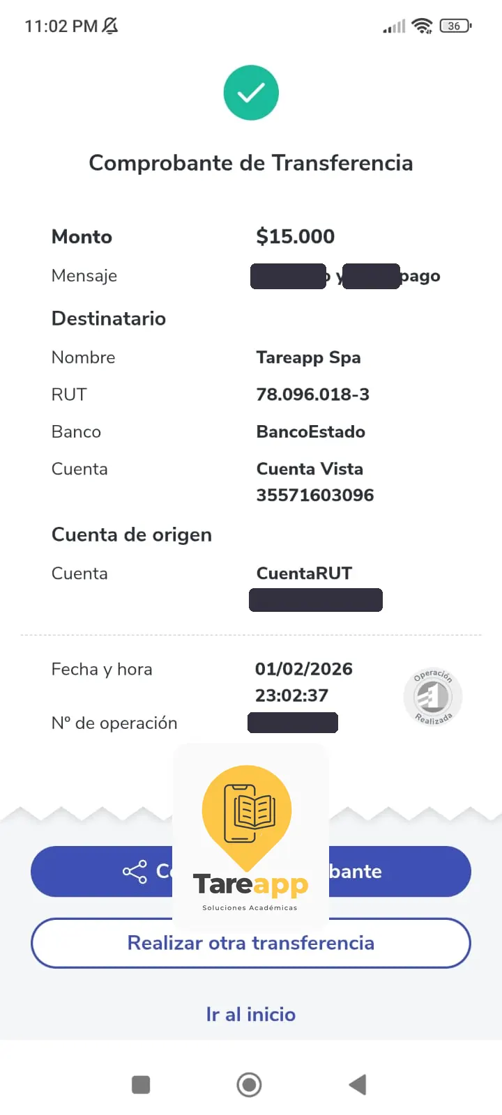 Comprobante de pago de $15.000 a Tareapp, febrero 2026