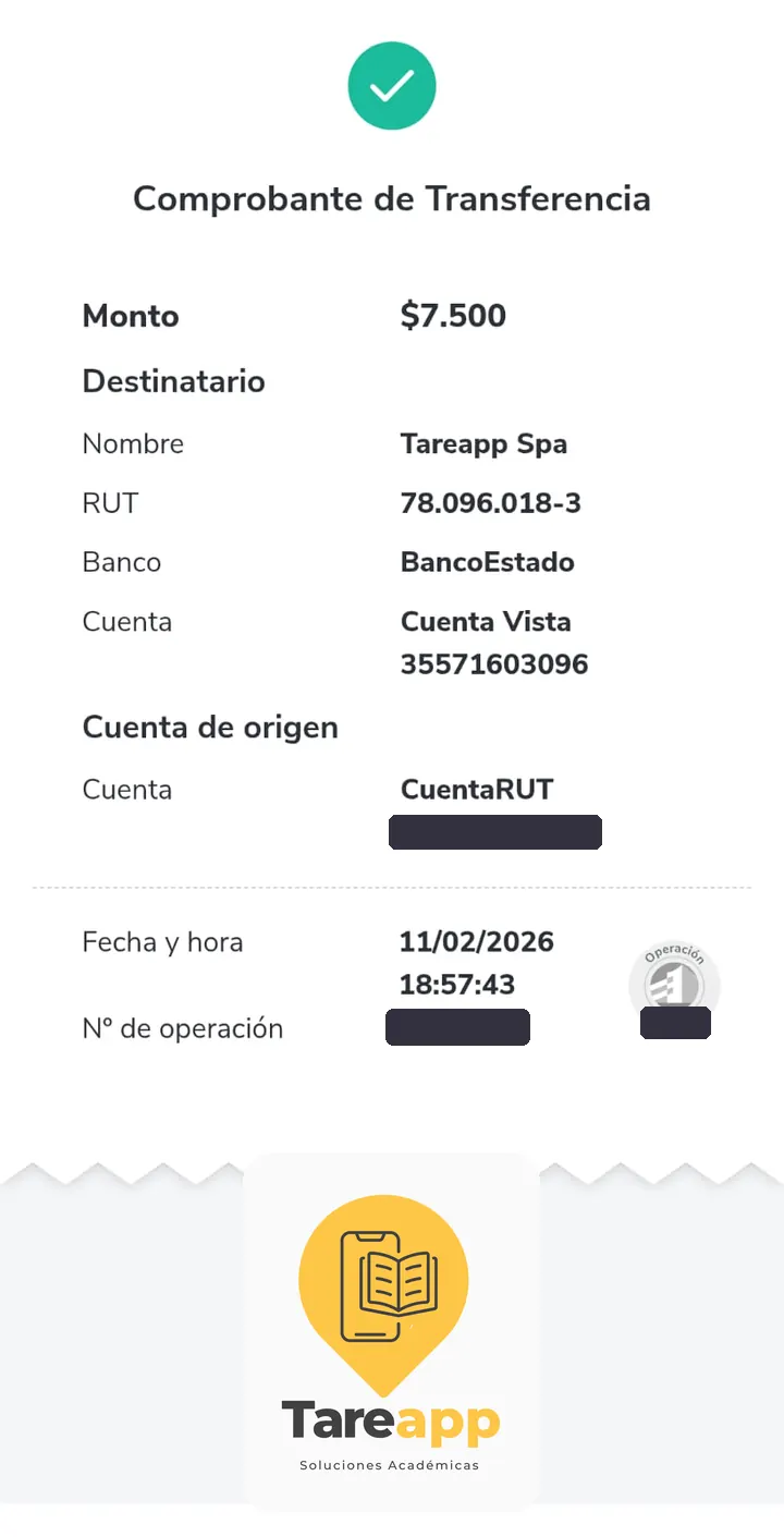 Comprobante de pago de $7.500 a Tareapp, febrero 2026