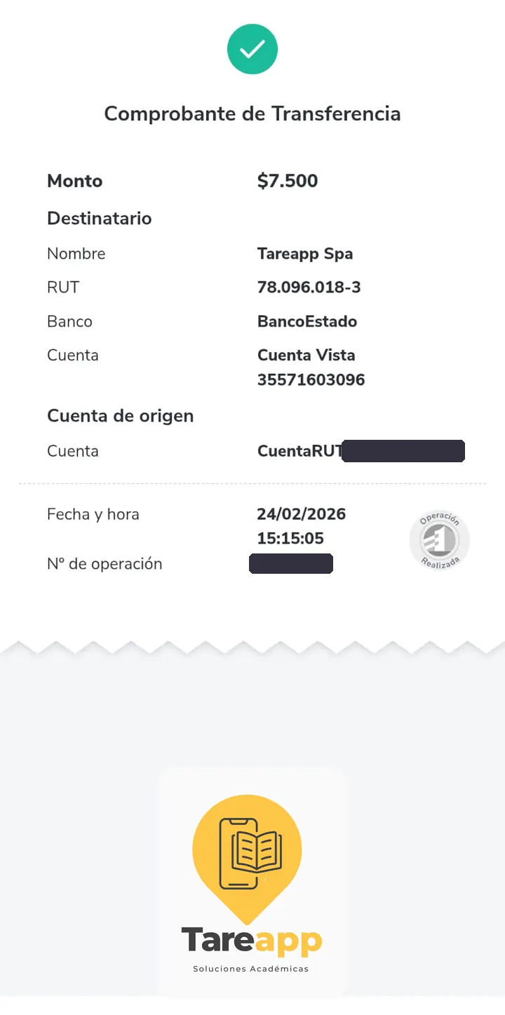 Comprobante de pago de $7.500 a Tareapp, febrero 2026