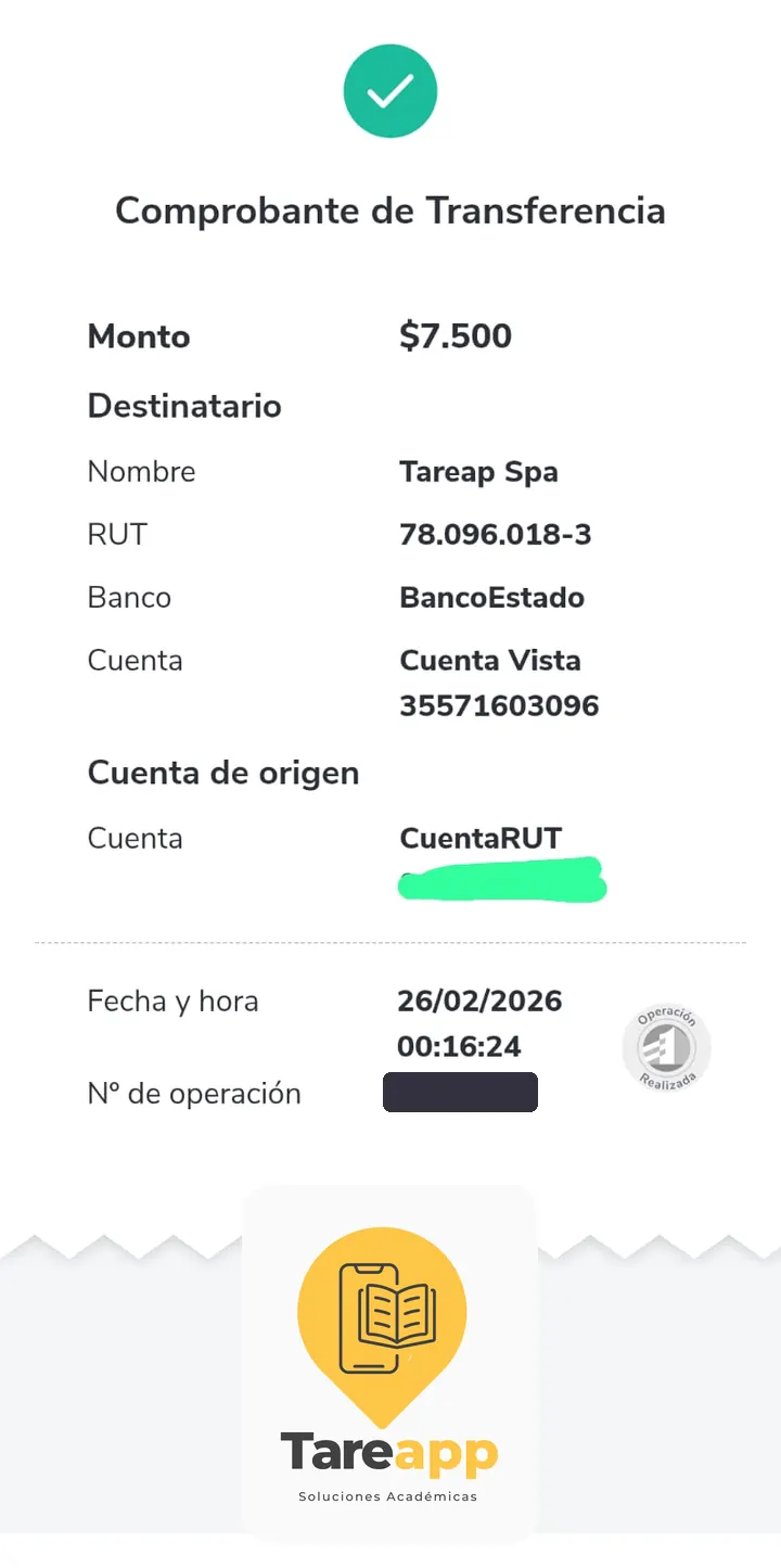 Comprobante de pago de $7.500 a Tareapp, febrero 2026