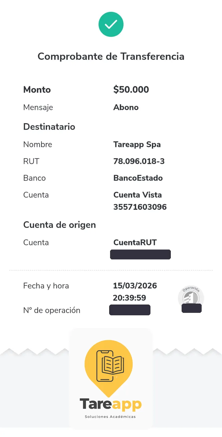 Comprobante de pago de $50.000 a Tareapp, marzo 2026