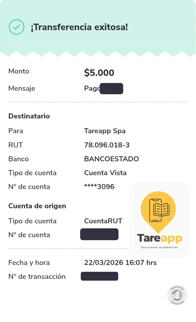 Comprobante de pago de $5.000 a Tareapp, marzo 2026