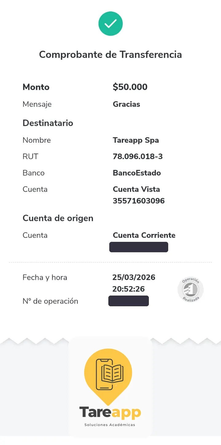 Comprobante de pago de $50.000 a Tareapp, marzo 2026