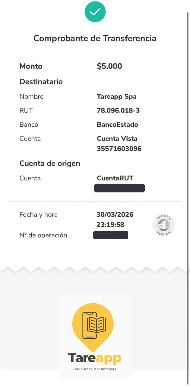 Comprobante de pago de $5.000 a Tareapp, marzo 2026