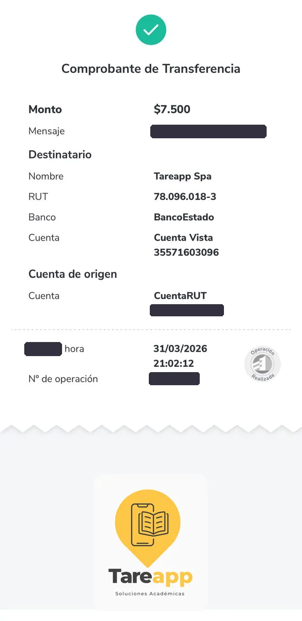 Comprobante de pago de $7.500 a Tareapp, marzo 2026