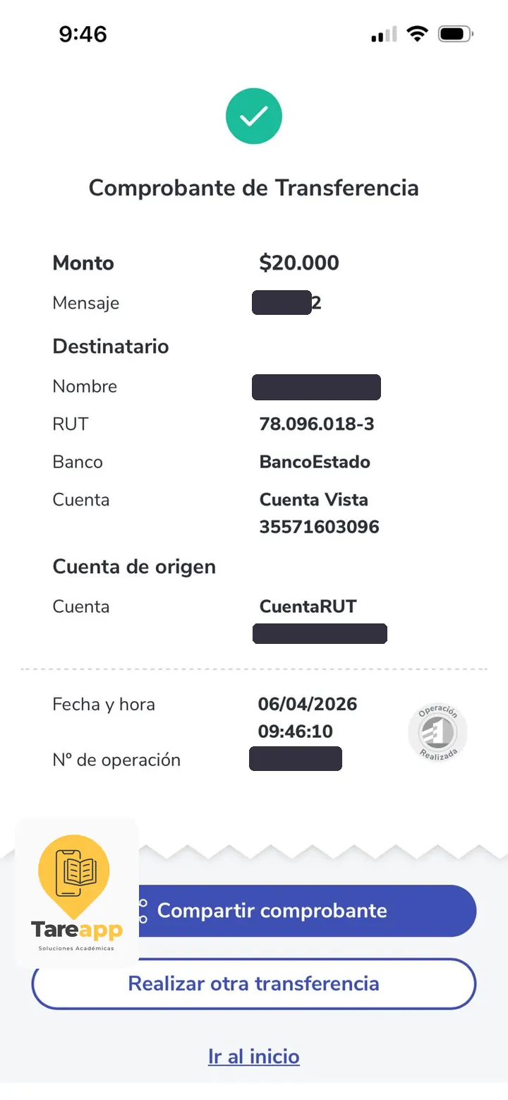 Comprobante de pago de $20.000 a Tareapp, abril 2026