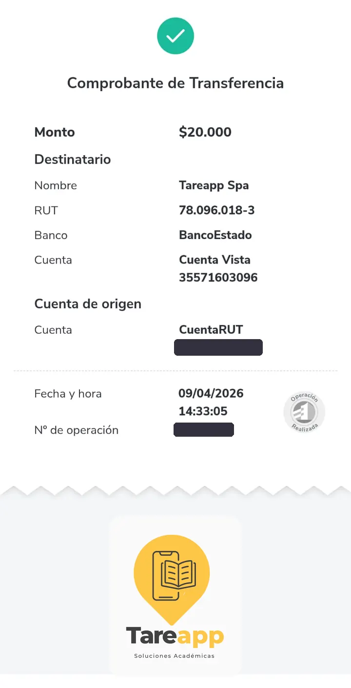 Comprobante de pago de $20.000 a Tareapp, abril 2026