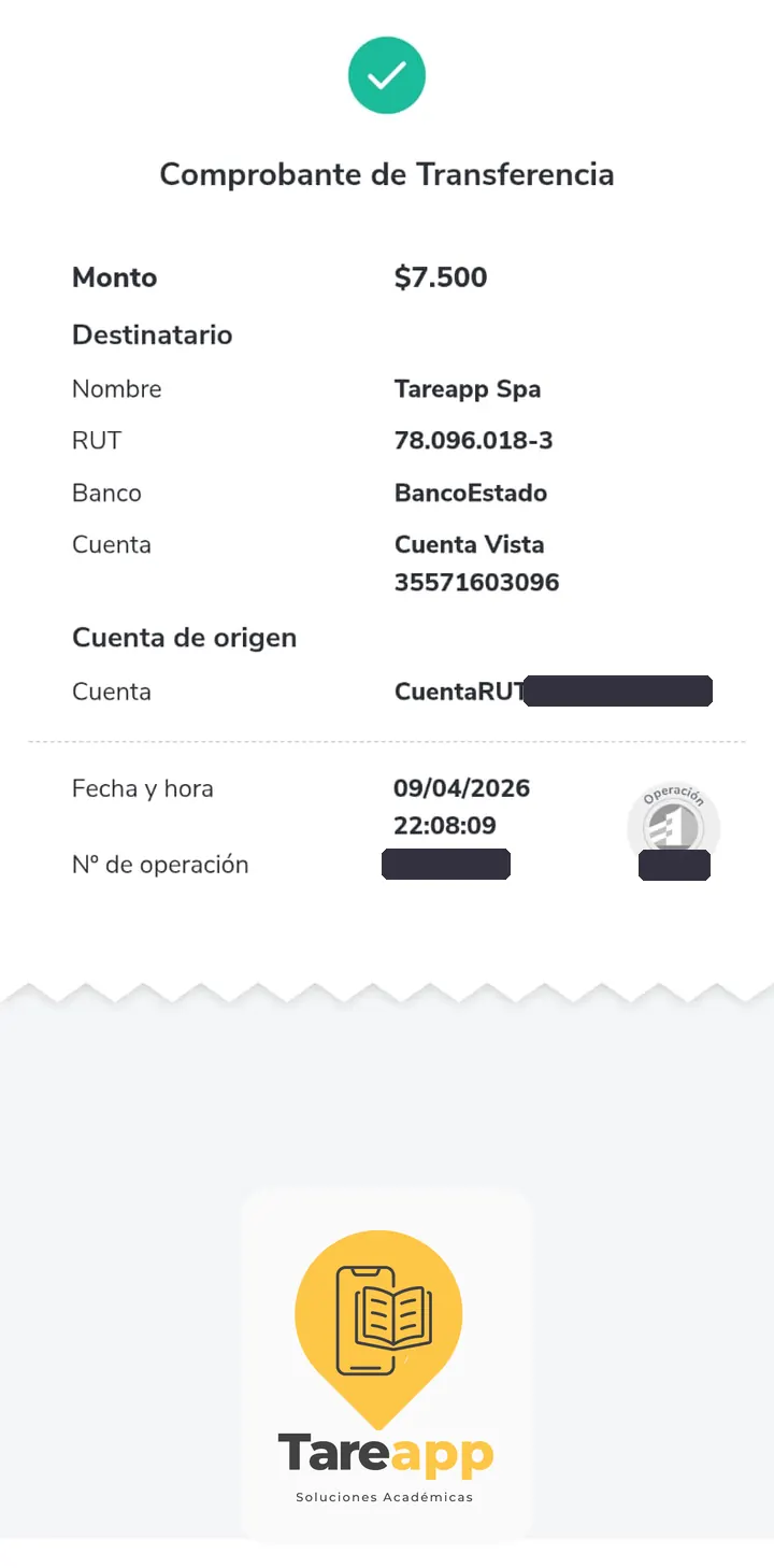 Comprobante de pago de $7.500 a Tareapp, abril 2026