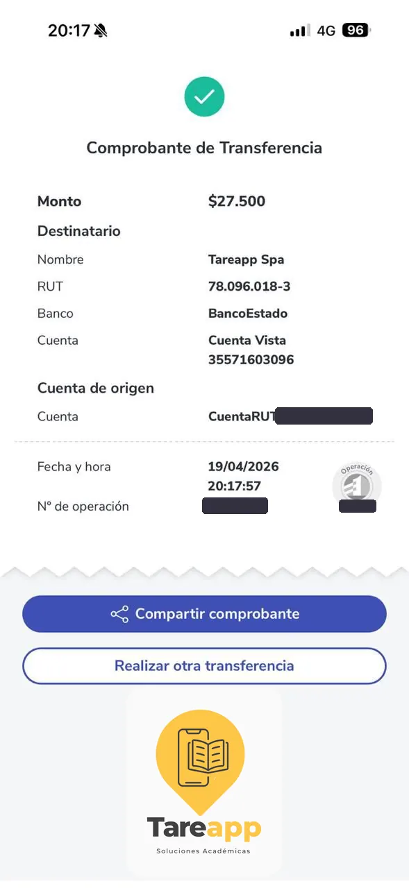 Comprobante de pago de $27.500 a Tareapp, abril 2026