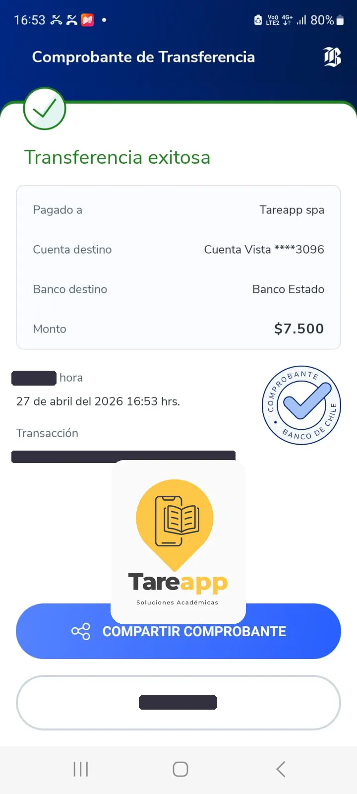 Comprobante de pago de $7.500 a Tareapp, abril 2026