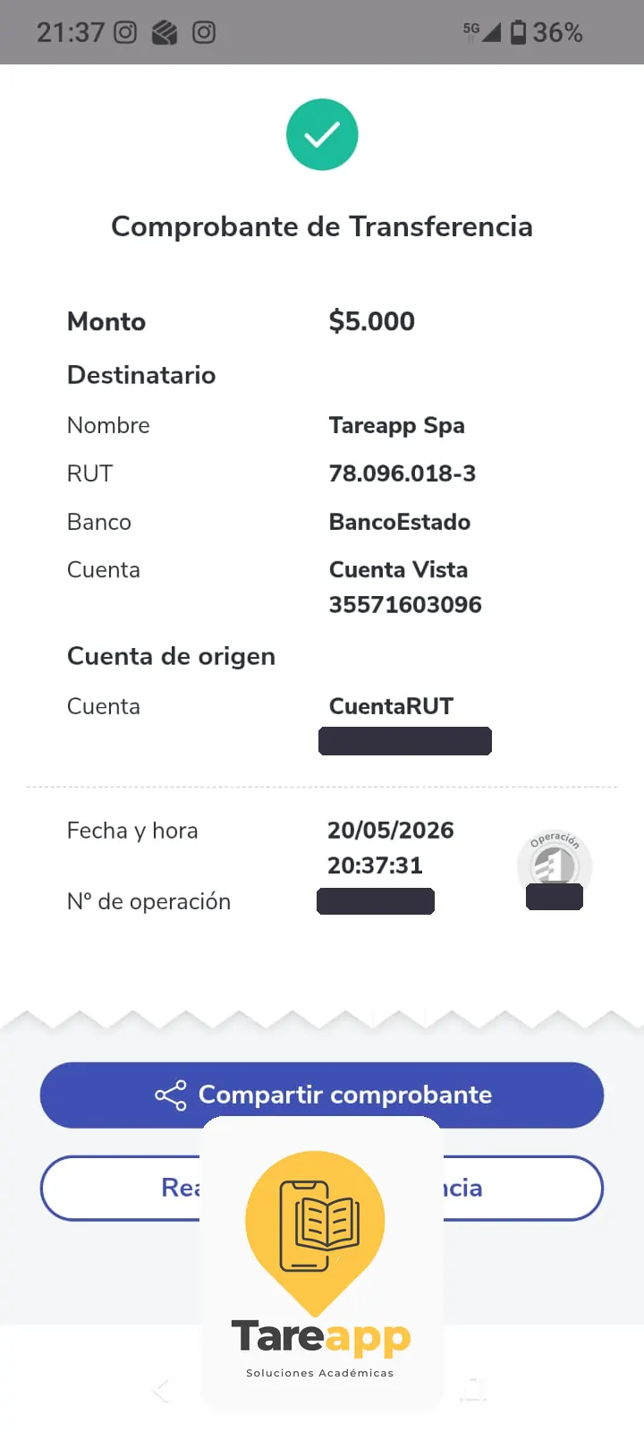 Comprobante de pago de $5.000 a Tareapp, mayo 2026