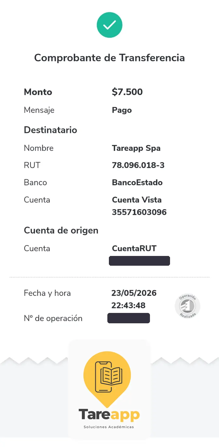 Comprobante de pago de $7.500 a Tareapp, mayo 2026