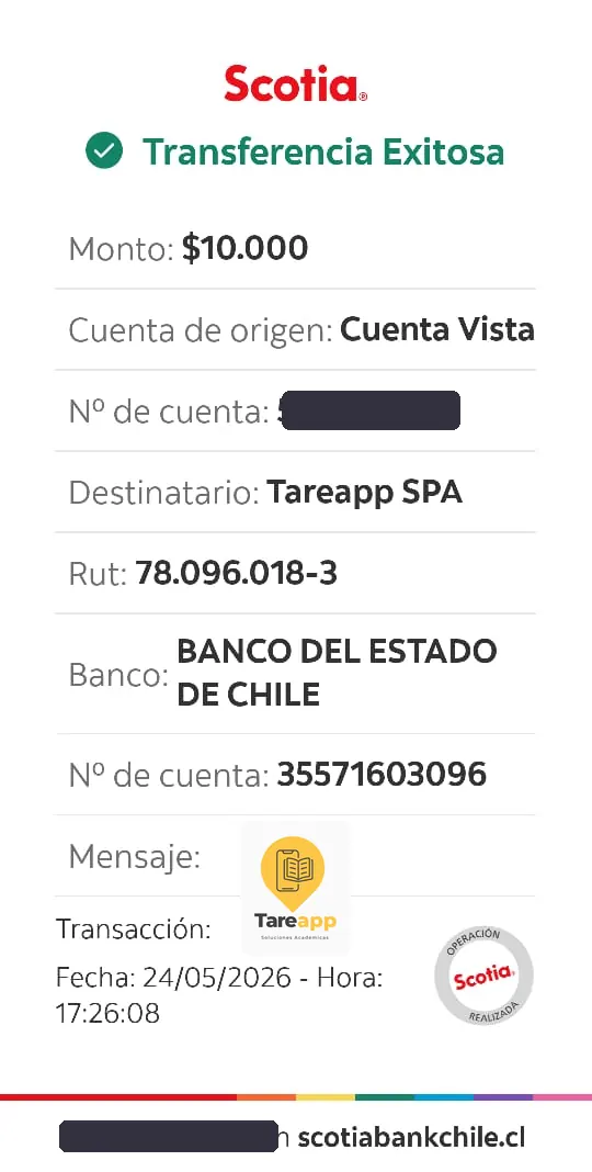 Comprobante de pago de $10.000 a Tareapp, mayo 2026