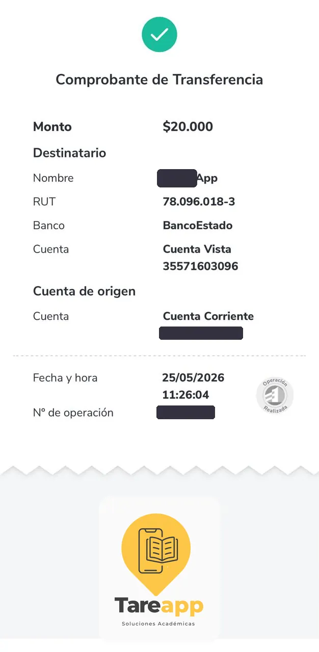 Comprobante de pago de $20.000 a Tareapp, mayo 2026