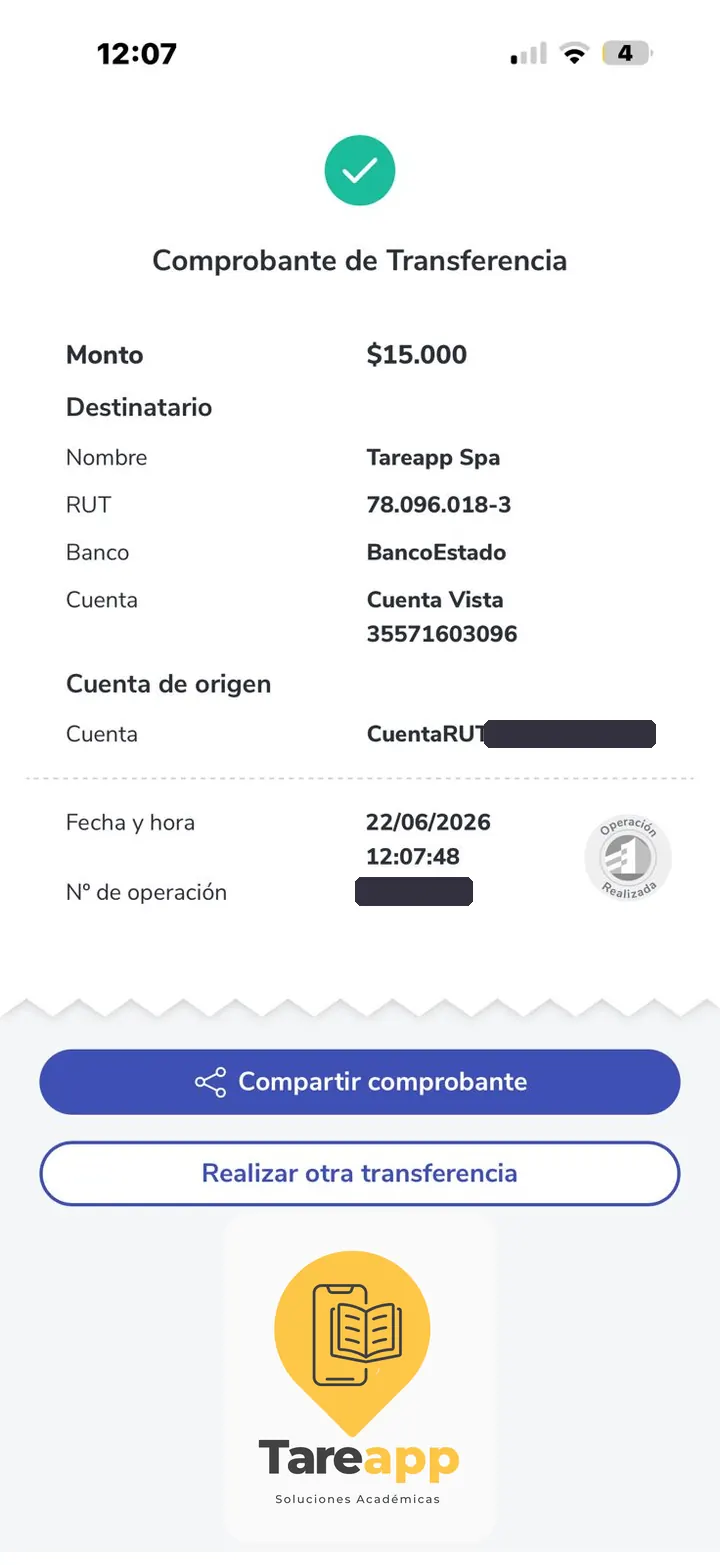 Comprobante de pago de $15.000 a Tareapp, junio 2026