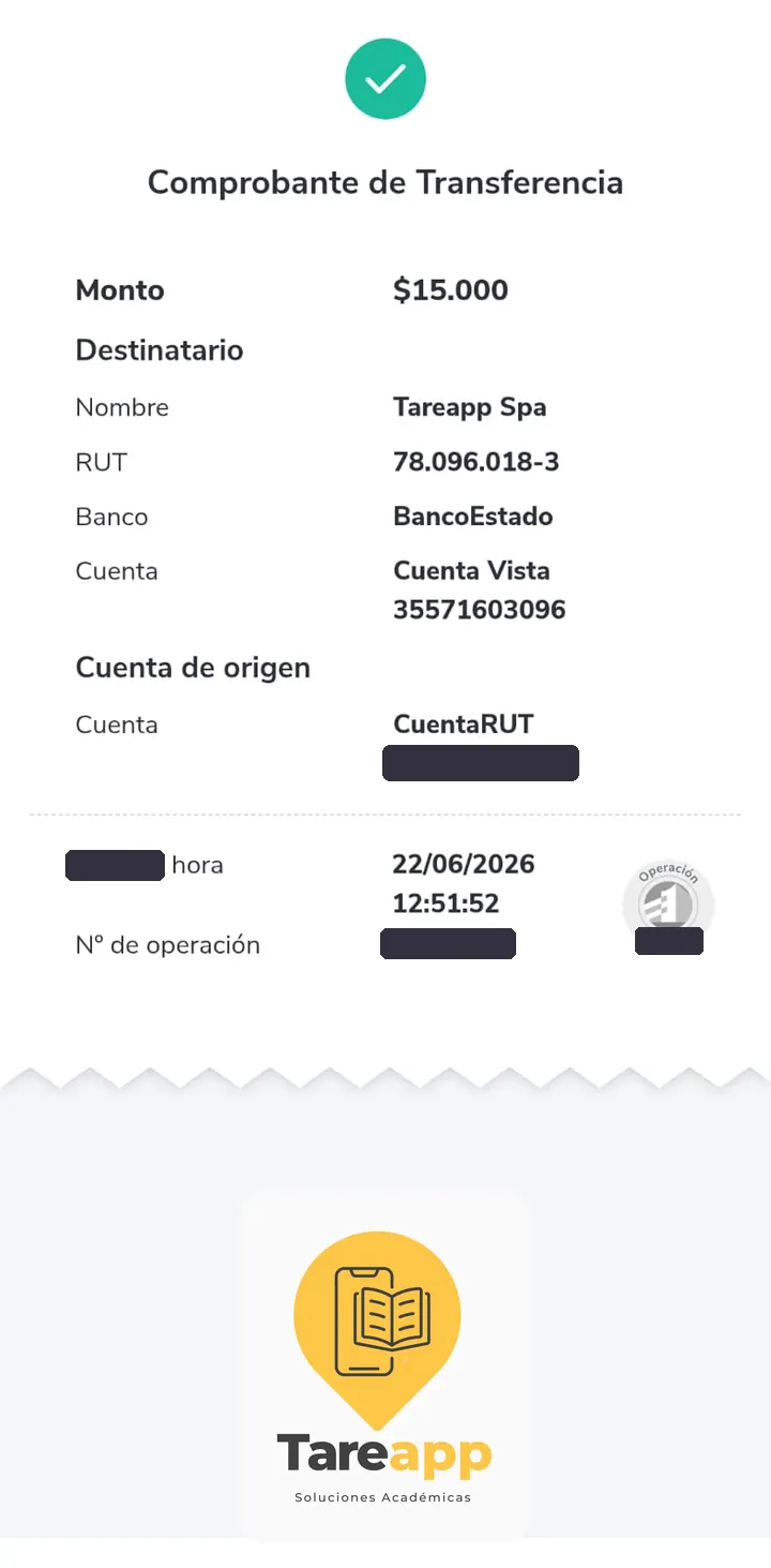 Comprobante de pago de $15.000 a Tareapp, junio 2026
