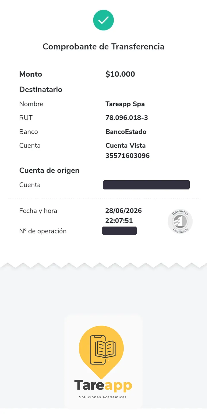 Comprobante de pago de $10.000 a Tareapp, junio 2026