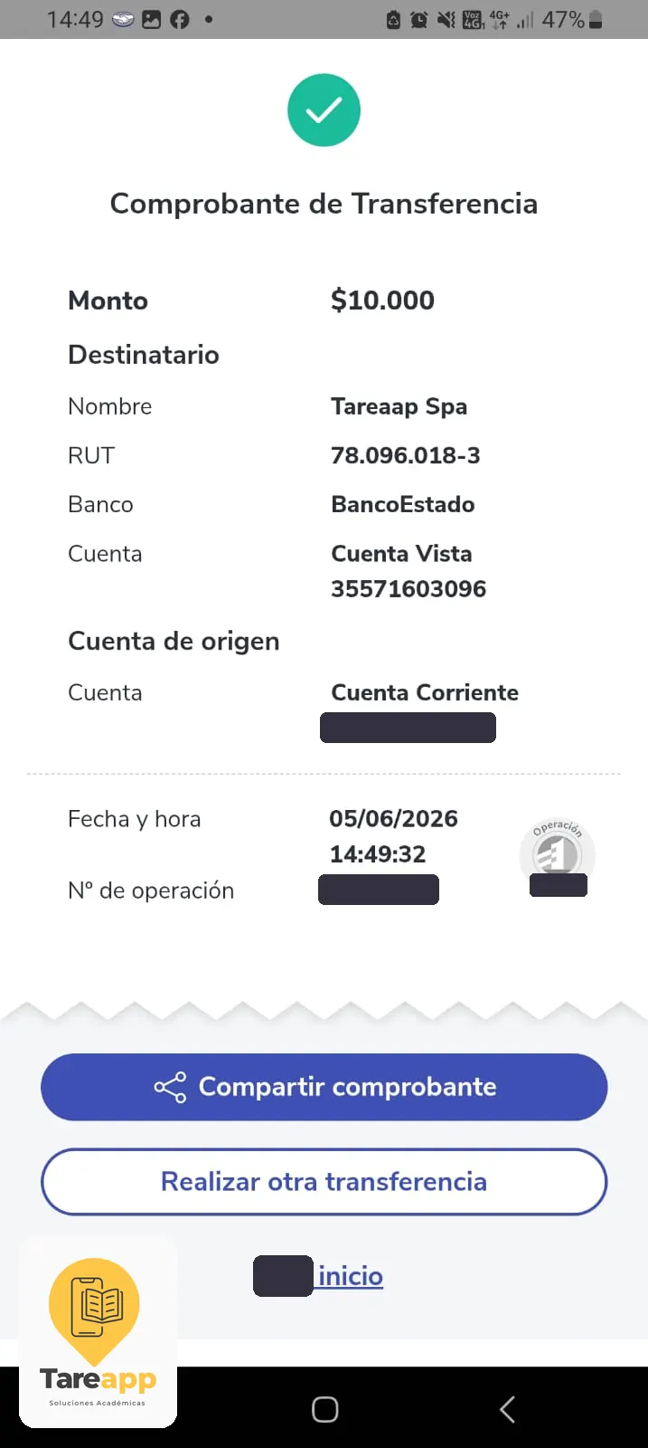 Comprobante de pago de $10.000 a Tareapp, junio 2026