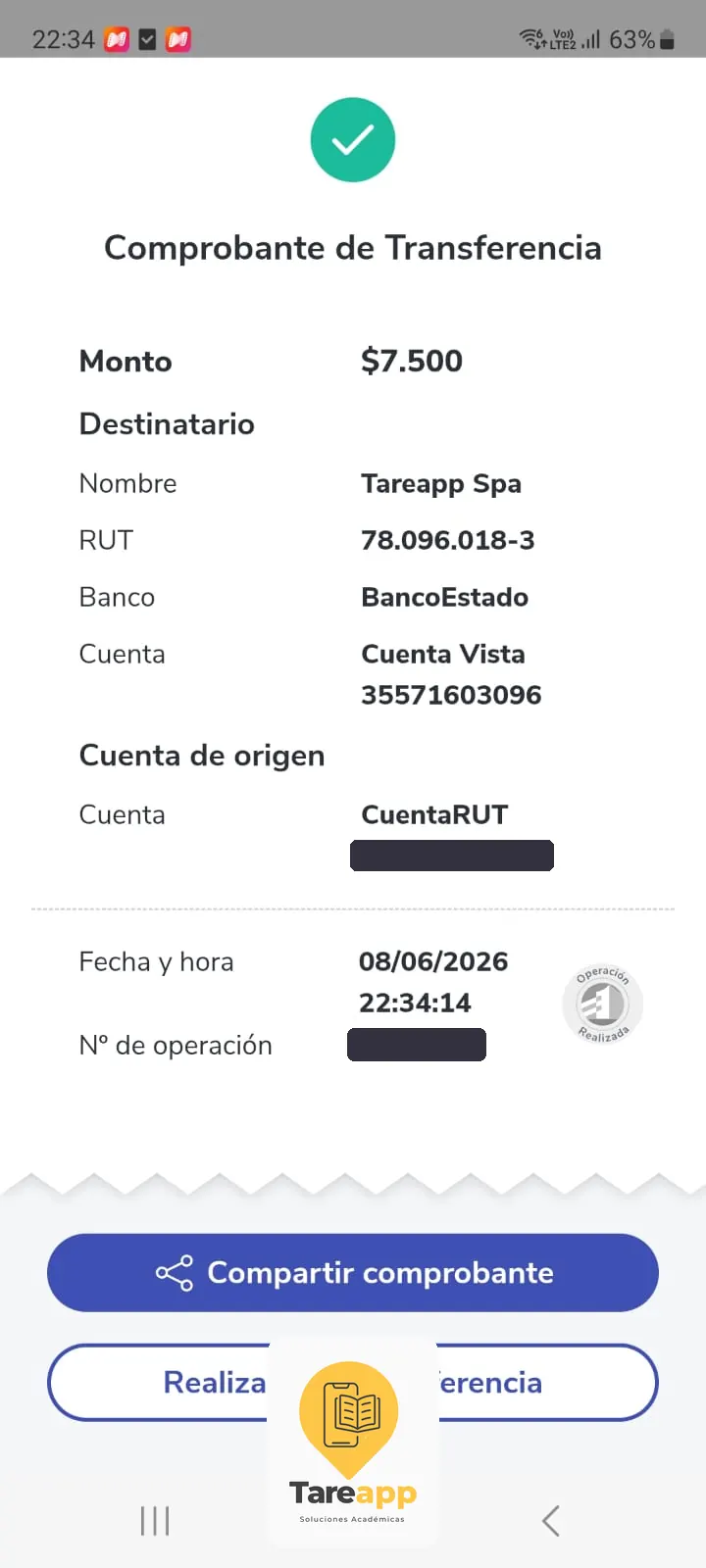 Comprobante de pago de $7.500 a Tareapp, junio 2026
