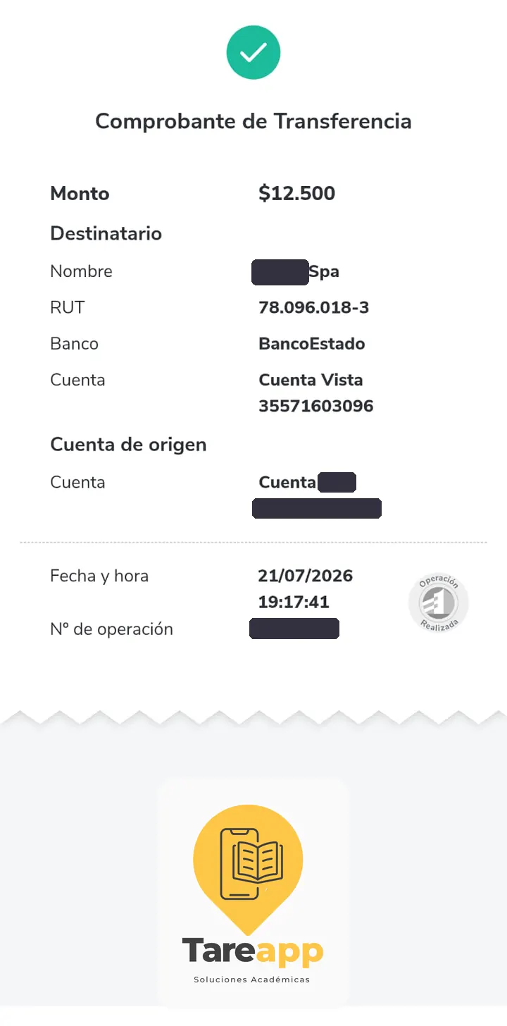 Comprobante de pago de $12.500 a Tareapp, julio 2026