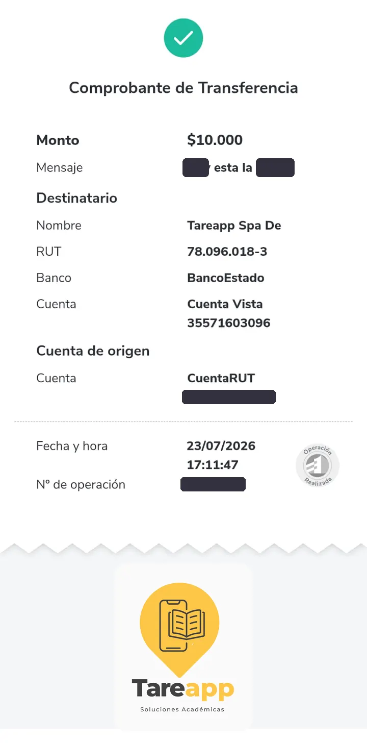 Comprobante de pago de $10.000 a Tareapp, julio 2026