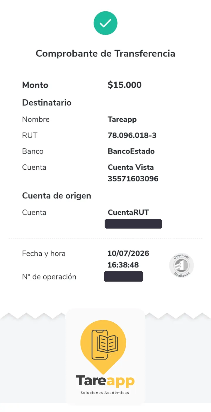 Comprobante de pago de $15.000 a Tareapp, julio 2026